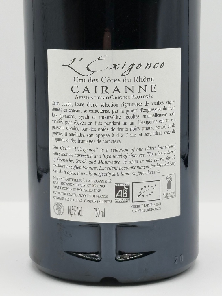 Domaine Boisson - L'Exigence Rouge 2020 - Cairanne - BIO